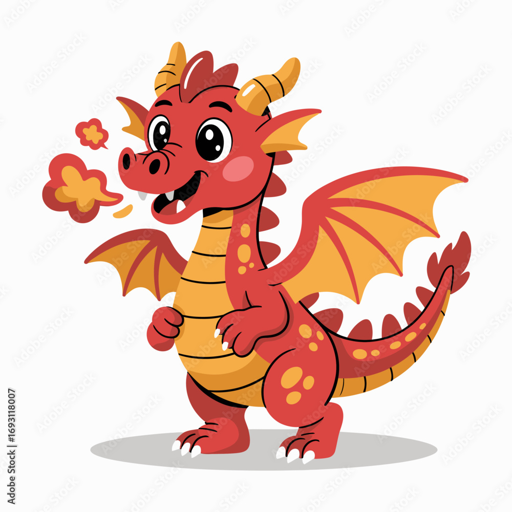 Fototapeta premium Cute cartoon red dragon with wings breathing smoke