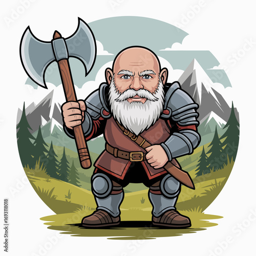 Dwarf warrior with axe and armor in a mountainous forest setting