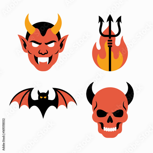 Collection of halloween and devil themed illustrations including a devil face skull bat and trident