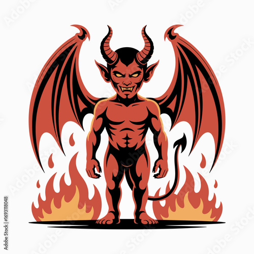 Fiery demon character with wings and horns standing in flames