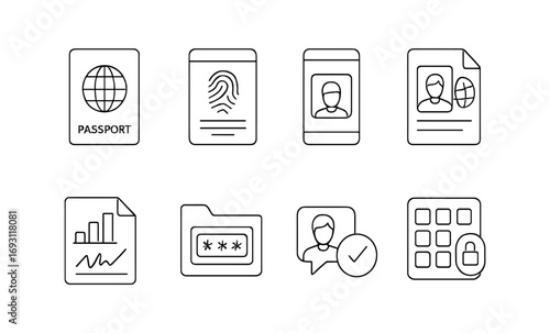 Passport, security linear icon set. identification, privacy, digital access icons lineup