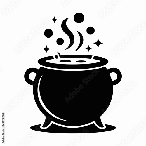 Black silhouette of a bubbling cauldron with steam and stars