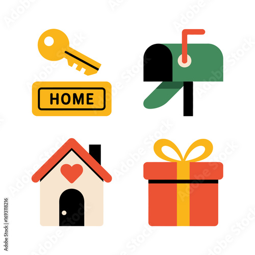 Collection of flat design icons representing home ownership and moving