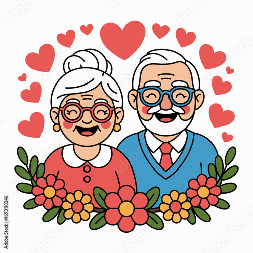 Happy elderly couple surrounded by hearts and flowers celebrating love