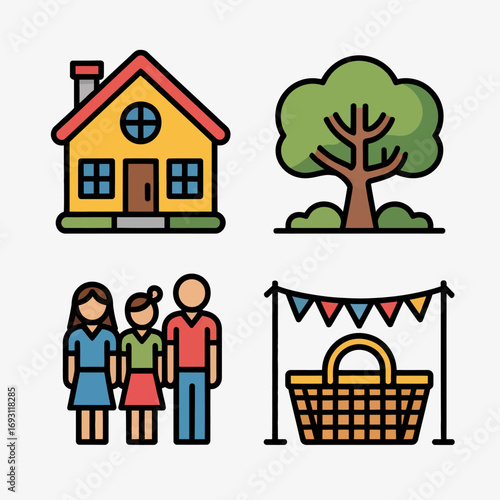 Family home tree picnic and celebration icons