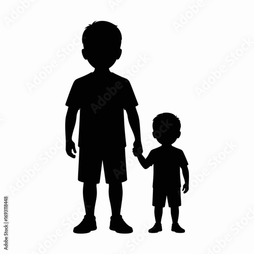Silhouette of two young brothers holding hands on a white background
