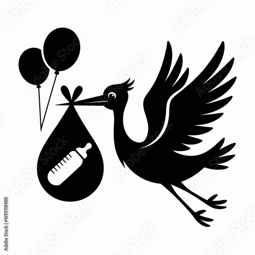Silhouette of a stork carrying a baby bottle in a bundle with balloons