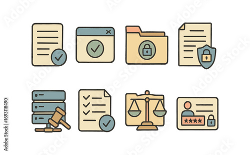 Business and legal outline icon set. documents, security, privacy collection