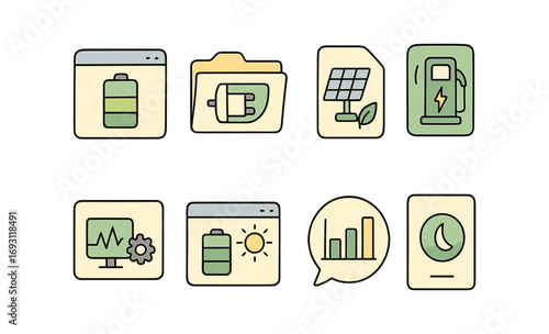 Energy and environment outline icon set for sustainable futures and green energy