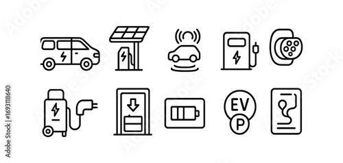 Electric vehicles outline icon set. charging, sustainable mobility line icons collection