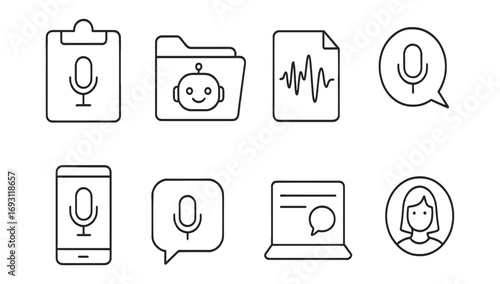 Voice recognition line icon set. audio, microphone, ai symbols collection