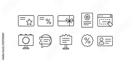 Discount and coupon line icon set. voucher, reward, loyalty icons outline collection