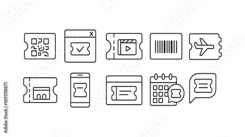 Tickets, events outline icon set. admission, venue, calendar icons linear collection