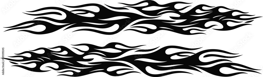 Obraz premium Tribal flame vinyl decals for car side body, black fire racing stripes vector, hot rod automotive pinstriping graphics, 2 flame elements eps
