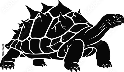Stylized tortoise silhouette with spiked shell, black and white turtle vector illustration, prehistoric reptile mascot for logo design