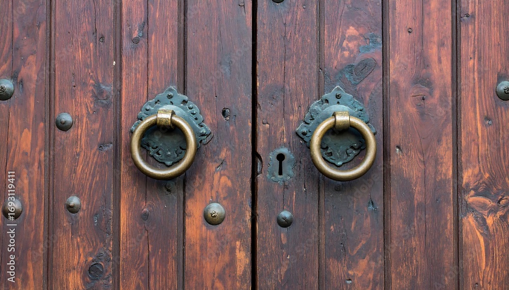 Fototapeta premium Aged wooden double doors with ornate handles