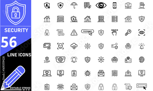 Comprehensive collection of editable line icons representing digital security and protection concepts.