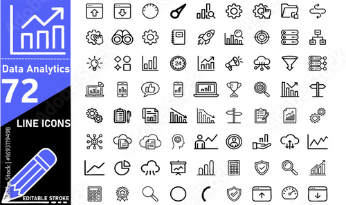 Diverse collection of line icons representing data analytics and business concepts