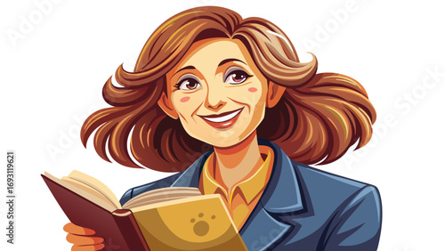 Close-up portrait of female teacher holding open book with warm smile. Isolated white background conveys knowledge, nurturing spirit, and passion for teaching.