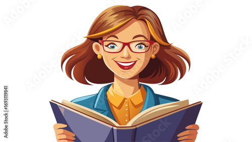 Close-up portrait of female teacher holding open book with warm smile. Isolated white background conveys knowledge, nurturing spirit, and passion for teaching.