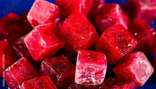 Close-up of many small, red, square, iced treats