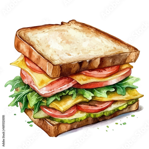 Sandwich, watercolor vector, isolated on a white background.