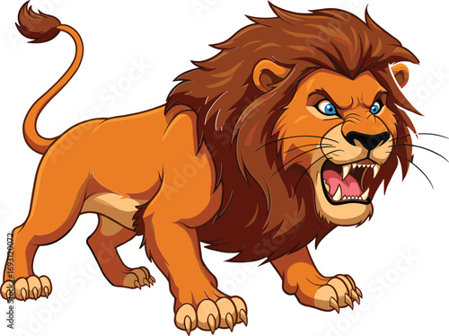 Fierce roaring lion cartoon mascot, aggressive wild animal illustration with sharp teeth and claws, dynamic pose, flat vector art for sports and branding