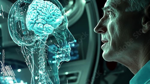 Scientist Analyzing Digital Brain Model in Futuristic Laboratory with Advanced Technology