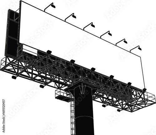 Vector illustration of a large, blank outdoor advertising billboard on a steel truss structure with lights.
