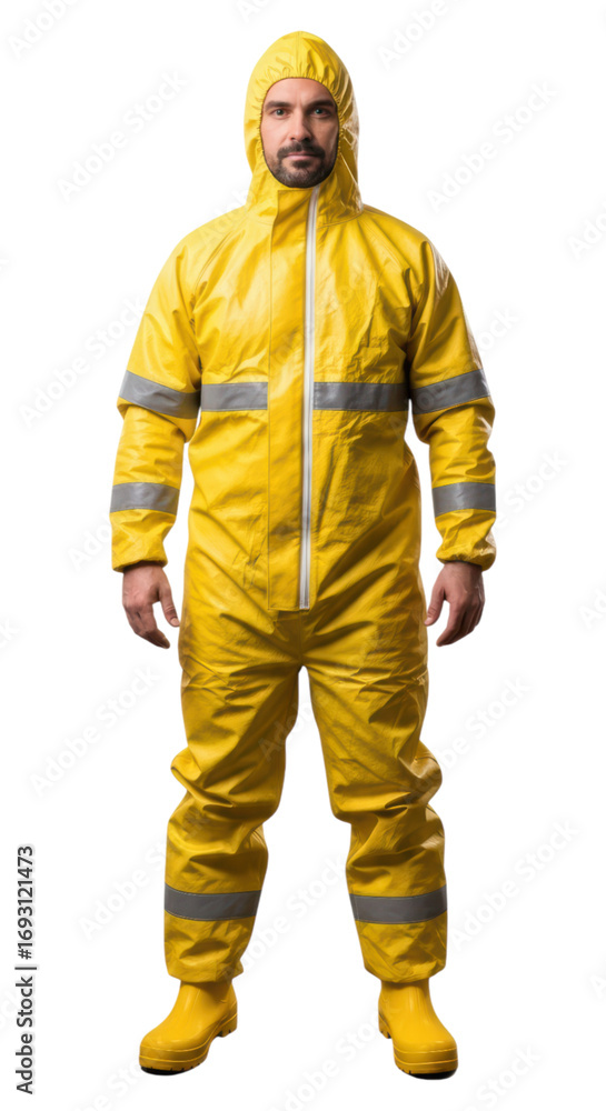 Fototapeta premium Young caucasian male in yellow hazmat suit with reflective stripes standing
