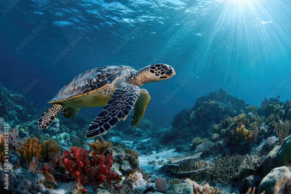 Fototapeta premium Sea turtle swimming over vibrant coral reef. Sunlight streams through the water