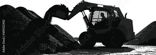 Silhouette of skid steer loader moving soil, construction site, heavy machinery, dirt piles, operator inside cabin, industrial vector illustration.