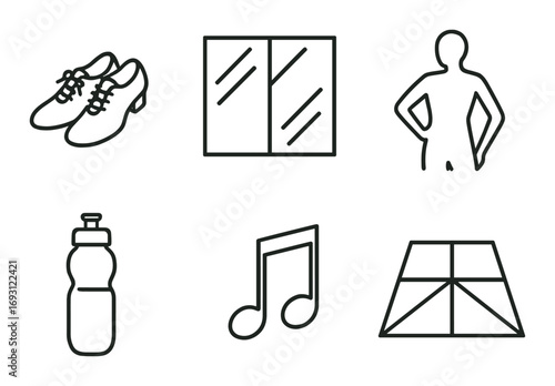 Dance studio silhouette icon set. featuring shoes, mirror, dancer, bottle, music note, floor symbols.