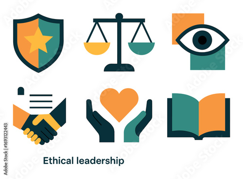 Ethical leadership flat icon set. featuring shield, scale, eye, handshake, heart, book symbols.