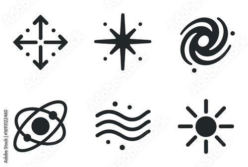 Space and science silhouette icon set. featuring expand, star, galaxy, atom, waves, and sun symbols.
