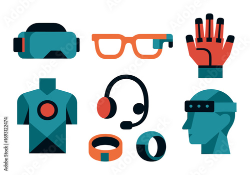 Virtual reality gadgets flat icon set. featuring headset, smart glasses, gloves, wearable tech, and smart ring.