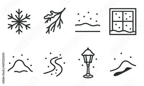 Winter elements linear icon set. featuring snowflake, branch, snowfall, window, snowdrift, path, lamppost, snow hill icons.
