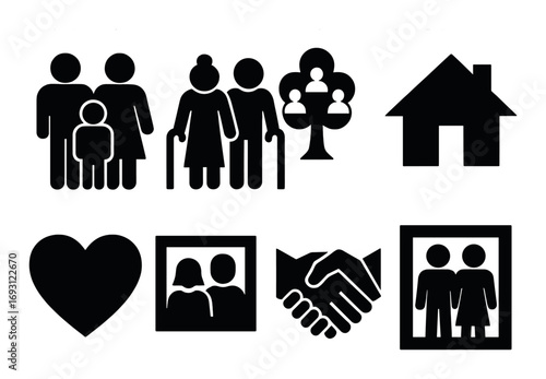 Family and community silhouette icon set. featuring family, elders, community, home, heart, photos, and handshake symbols.