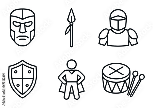 Medieval hero linear icon set. featuring warrior, spear, knight, shield, superhero, and drum symbols.