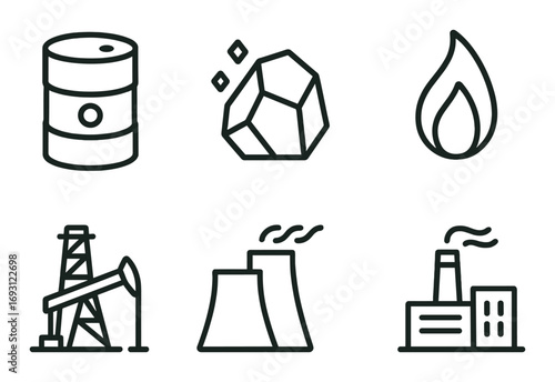 Energy and resource linear icon set. featuring oil barrel, coal, flame, drill, power plant, and factory symbols.