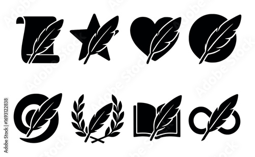 Writing awards silhouette icon set. featuring diploma, star, heart, globe, target, laurel, book, infinity symbols.