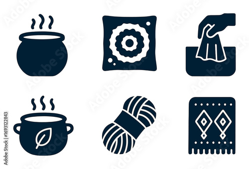 Home activities silhouette icon set. featuring cooking, cleaning, laundry, knitting, decor, and baking symbols.