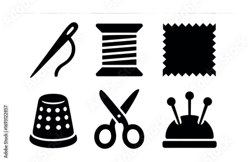 Sewing tools silhouette icon set. featuring needle, thread, fabric, thimble, scissors, pin cushion.