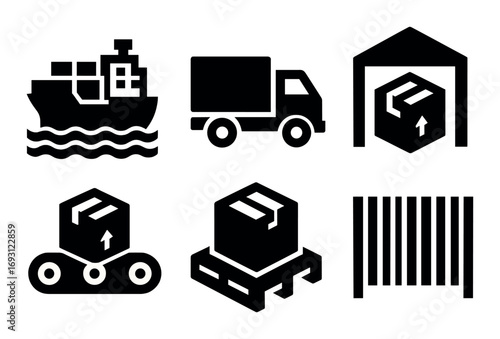 Logistics and shipping silhouette icon set. featuring ship, truck, warehouse, conveyor, pallet, and barcode symbols.