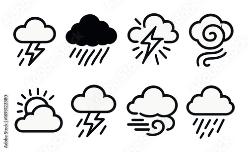 Weather conditions silhouette icon set. featuring storm, cloudy, rain, wind, lightning, sun, and fog symbols.