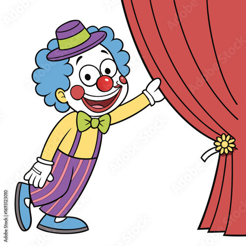 Clown Peeking From Behind Curtain: Cartoon Illustration for Kids.
