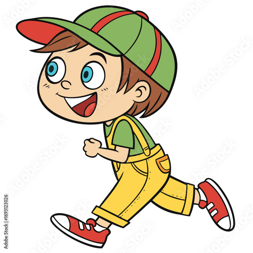 Running Boy with Overalls and Backwards Cap Vector Illustration.