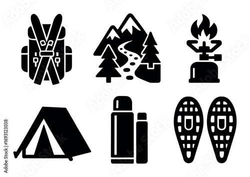 Outdoor adventure silhouette icon set. featuring backpack, mountains, campfire, tent, thermos, snowshoes.