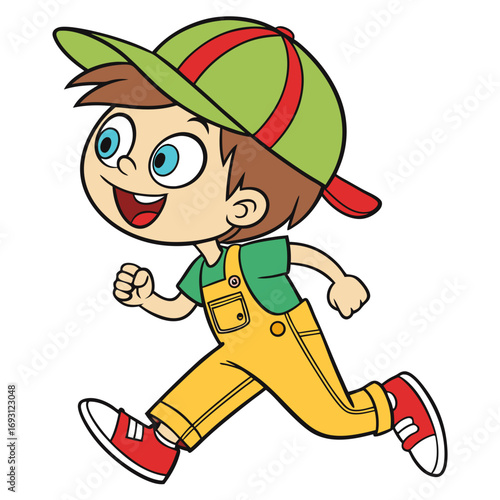 Running Boy with Overalls and Backwards Cap Vector Illustration.