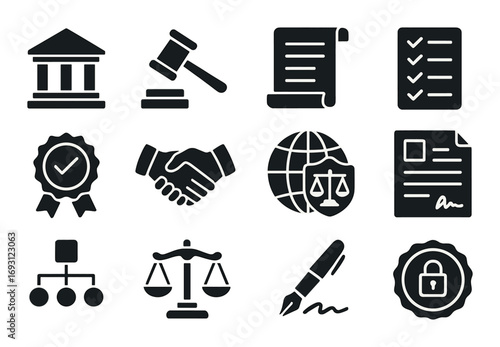 Legal and justice silhouette icon set. featuring courthouse, gavel, contract, checklist, certificate, handshake.